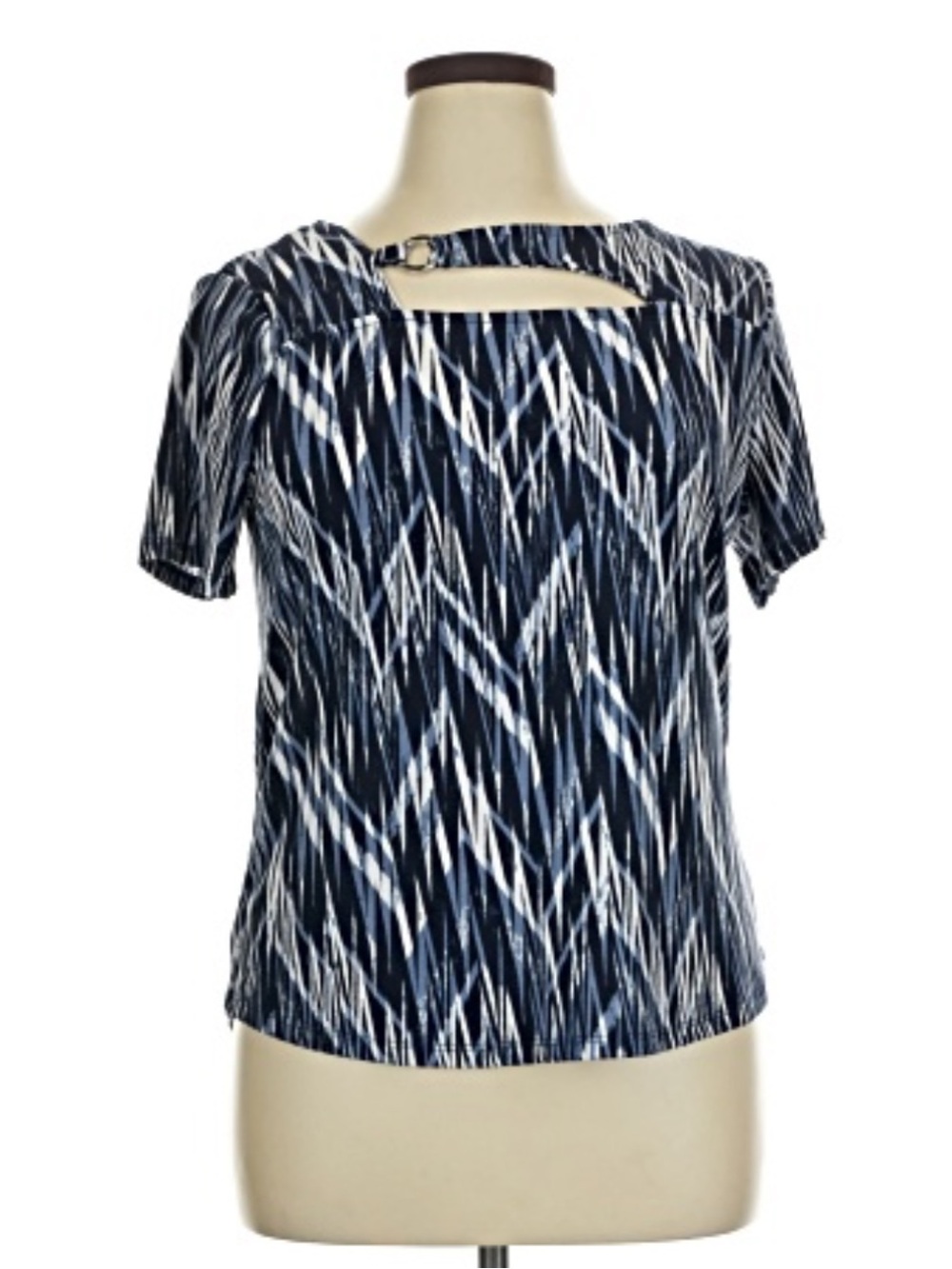 Adrienne Vittadini Navy and White Short Sleeve Geometric Top with Cutout